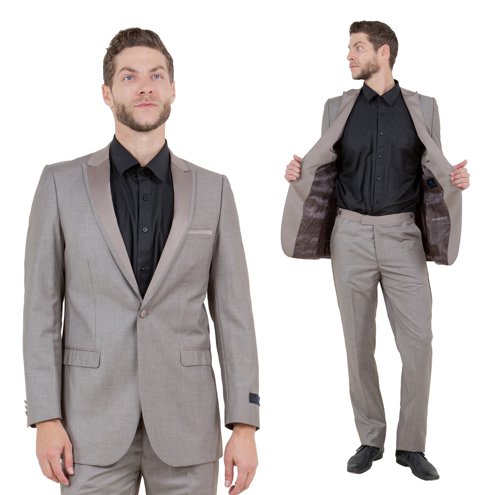 Slim Fit 2pc Tuxedo w/ Satin Peak Lapel by Bryan Michaels, Champange